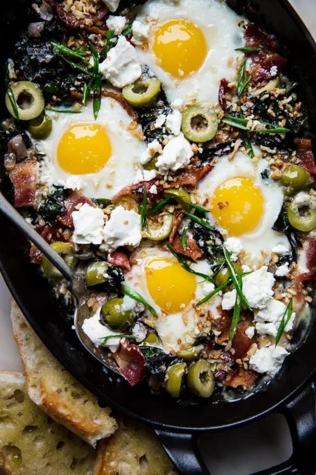 Baked Eggs with Swiss Chard and Green Olives