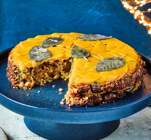 Vegetarian nut roast pie with cranberries