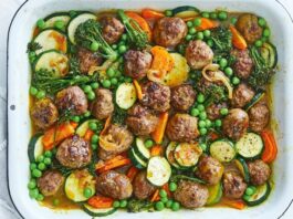 Curried sausage meatball tray bake recipe