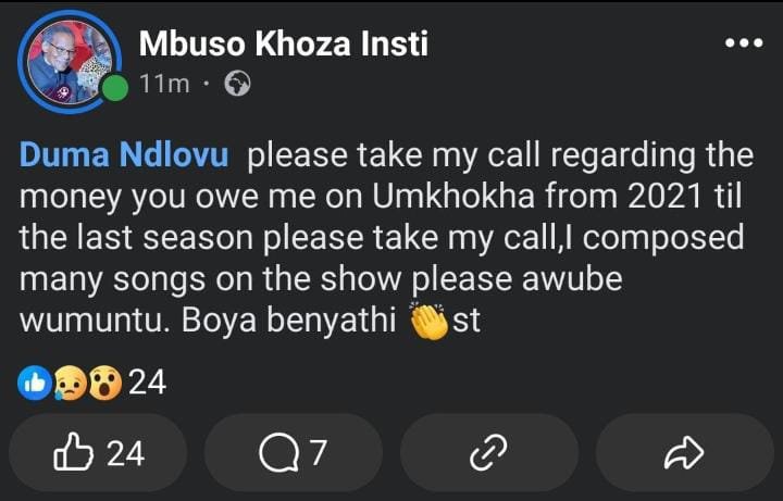 Actor Mbuso Khoza calls out Duma Ndlovu over unpaid royalties