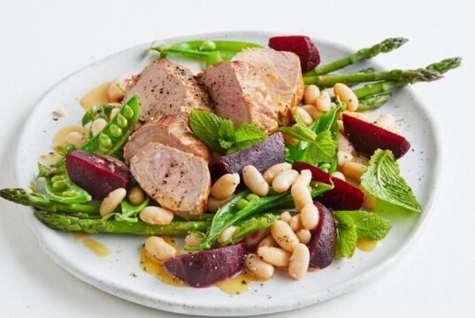 Miso pork beetroot and pea salad